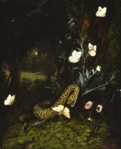Grasshopper, Snake, and Butterflies by a Thistle by Otto Marseus  van Schrieck